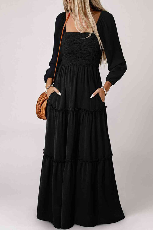 Square Neck Long Sleeve Tiered Dress Luvéillé