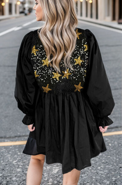 Star Sequin Round Neck Flounce Sleeve Mini Dress Luvéillé