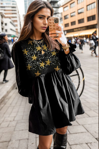 Star Sequin Round Neck Flounce Sleeve Mini Dress Luvéillé