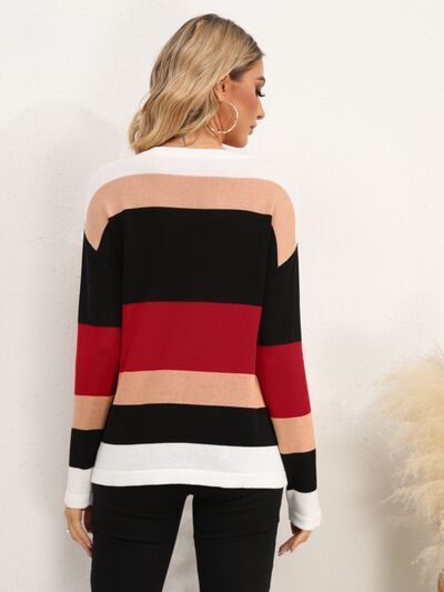 Striped Round Neck Dropped Shoulder Sweater Luvéillé