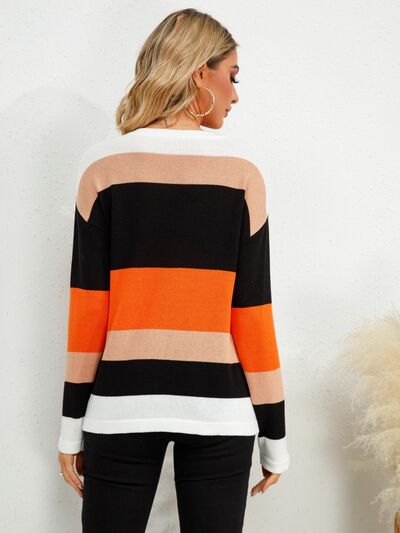 Striped Round Neck Dropped Shoulder Sweater Luvéillé