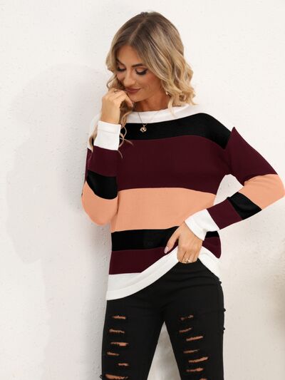 Striped Round Neck Dropped Shoulder Sweater Luvéillé