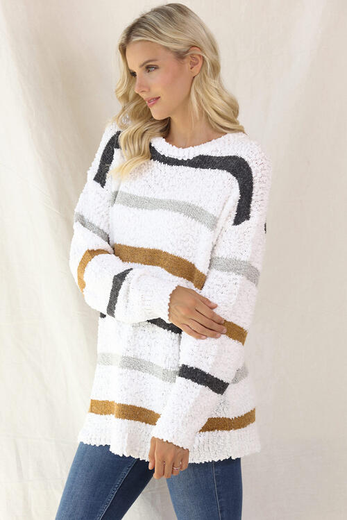 Striped Round Neck Long Sleeve Sweater Luvéillé