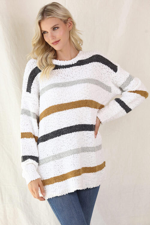 Striped Round Neck Long Sleeve Sweater Luvéillé