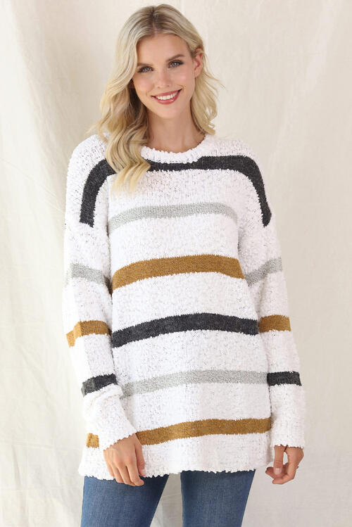 Striped Round Neck Long Sleeve Sweater Luvéillé