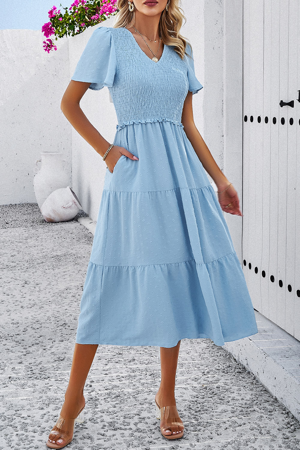 Swiss Dot Short Sleeve Smocked Dress Luvéillé