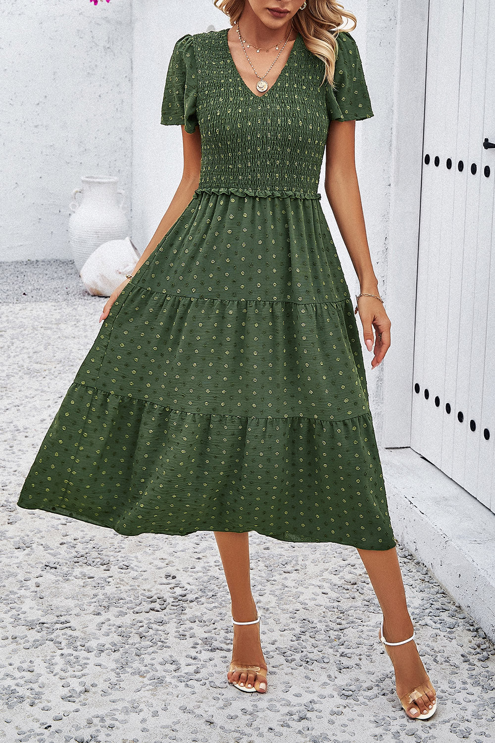 Swiss Dot Short Sleeve Smocked Dress Luvéillé
