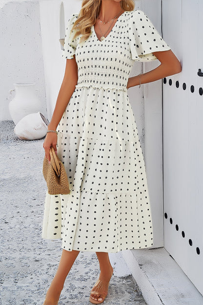 Swiss Dot Short Sleeve Smocked Dress Luvéillé