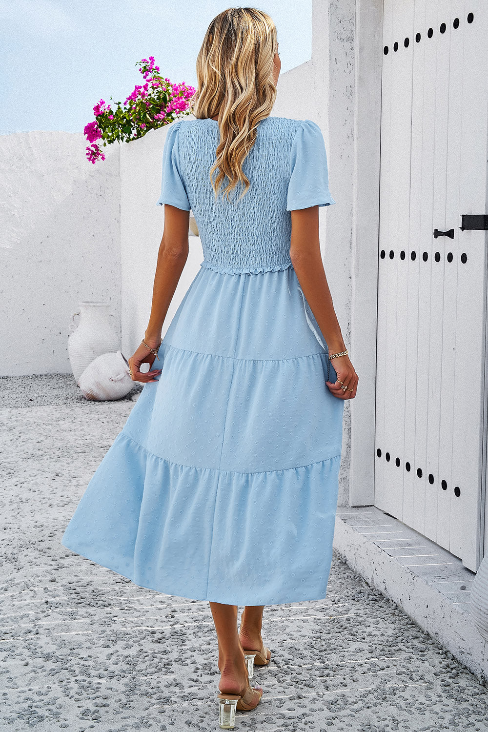 Swiss Dot Short Sleeve Smocked Dress Luvéillé