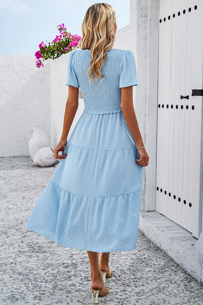 Swiss Dot Short Sleeve Smocked Dress Luvéillé