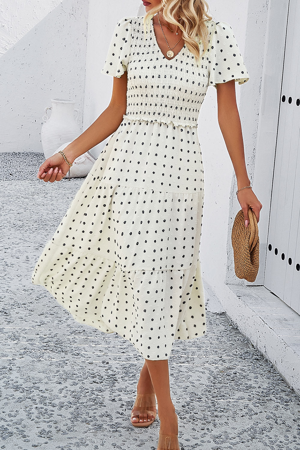 Swiss Dot Short Sleeve Smocked Dress Luvéillé
