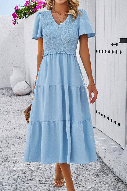 Swiss Dot Short Sleeve Smocked Dress Luvéillé