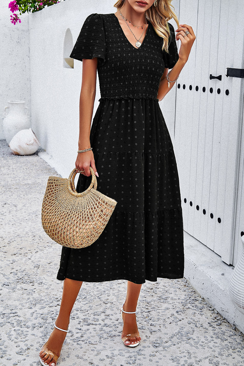 Swiss Dot Short Sleeve Smocked Dress Luvéillé