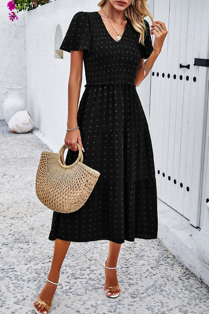 Swiss Dot Short Sleeve Smocked Dress Luvéillé