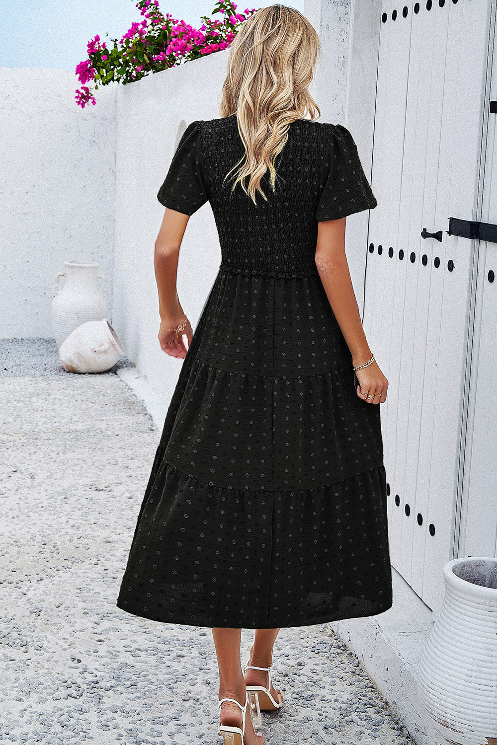 Swiss Dot Short Sleeve Smocked Dress Luvéillé