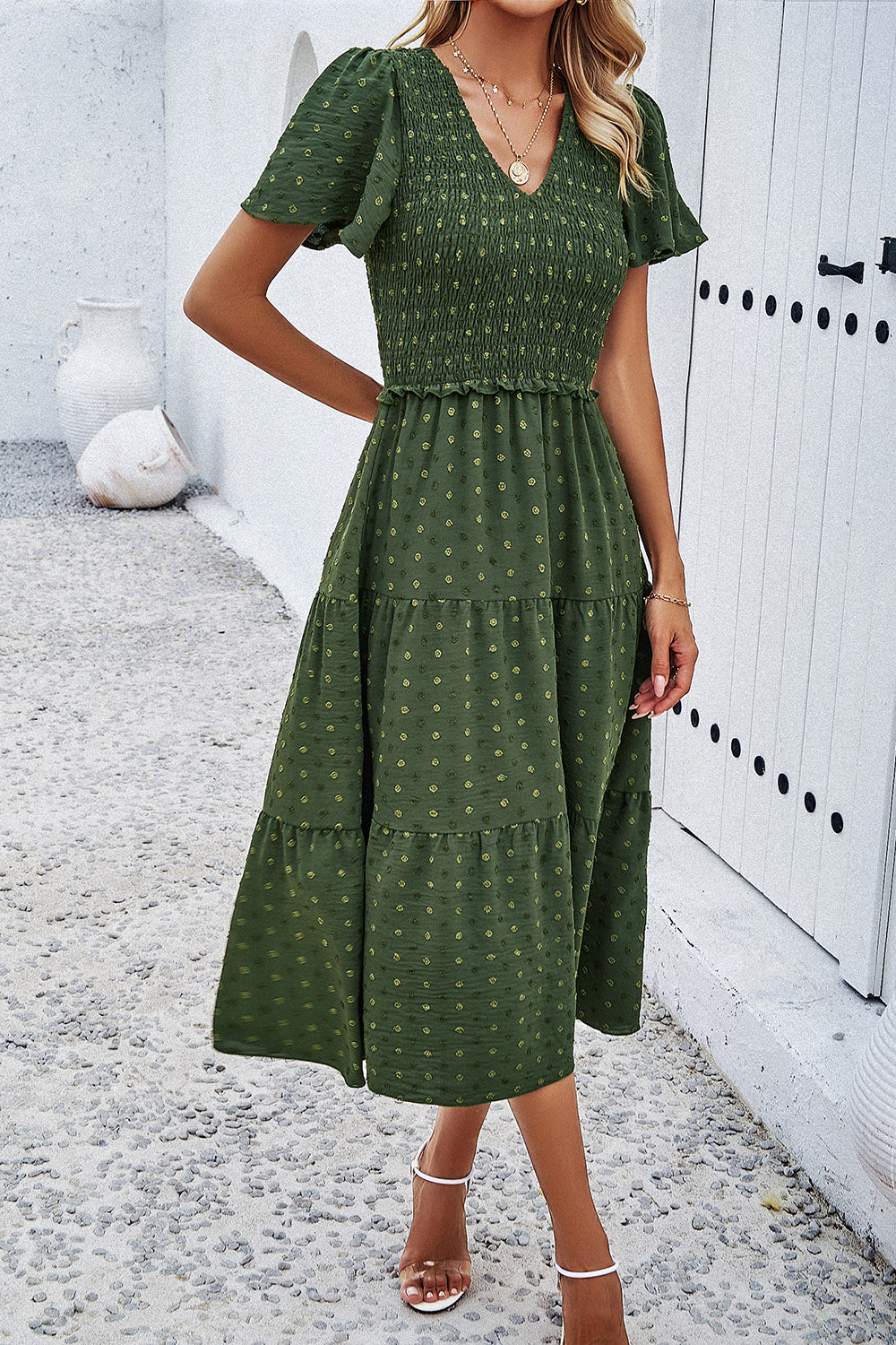 Swiss Dot Short Sleeve Smocked Dress Luvéillé