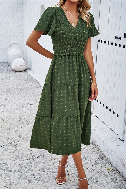 Swiss Dot Short Sleeve Smocked Dress Luvéillé