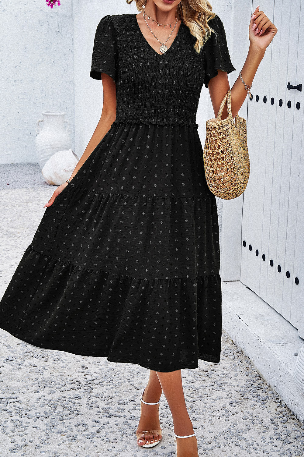 Swiss Dot Short Sleeve Smocked Dress Luvéillé