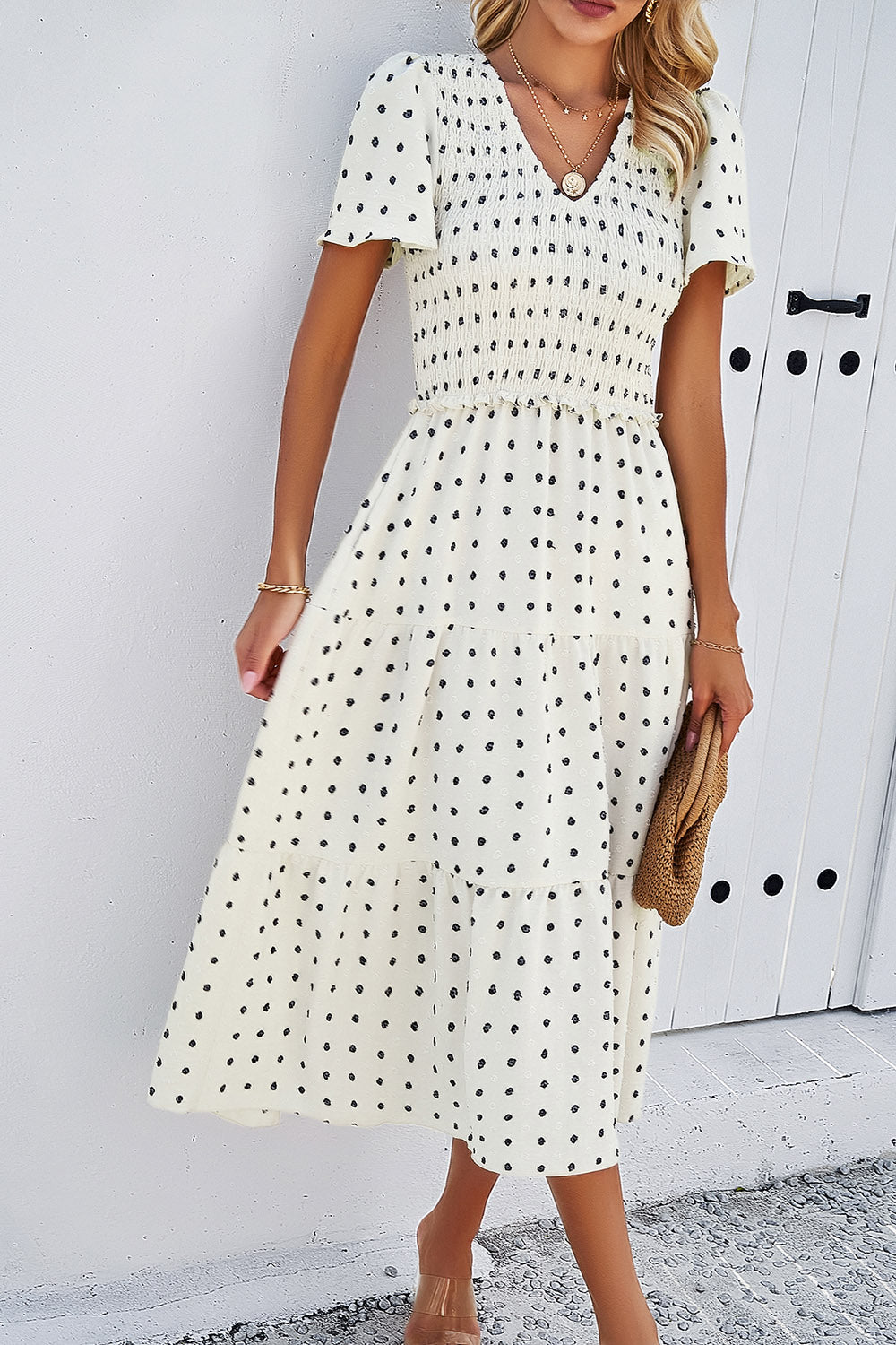 Swiss Dot Short Sleeve Smocked Dress Luvéillé