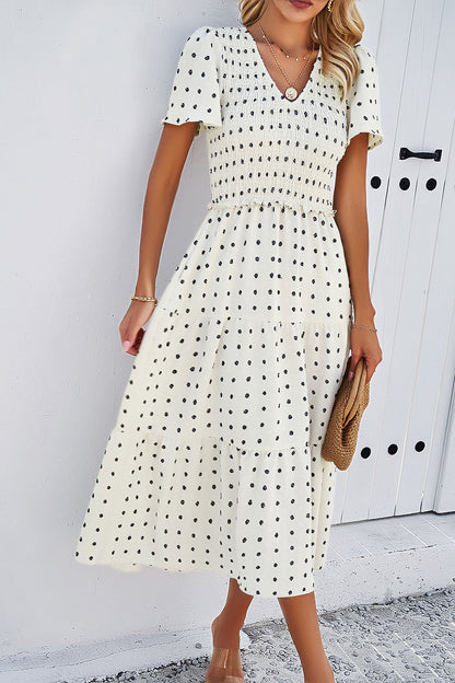 Swiss Dot Short Sleeve Smocked Dress Luvéillé