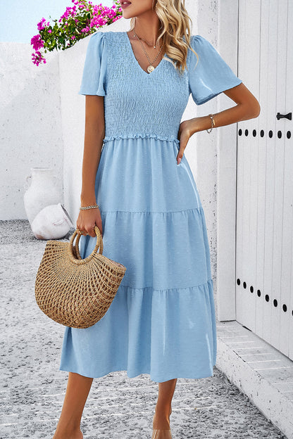 Swiss Dot Short Sleeve Smocked Dress Luvéillé