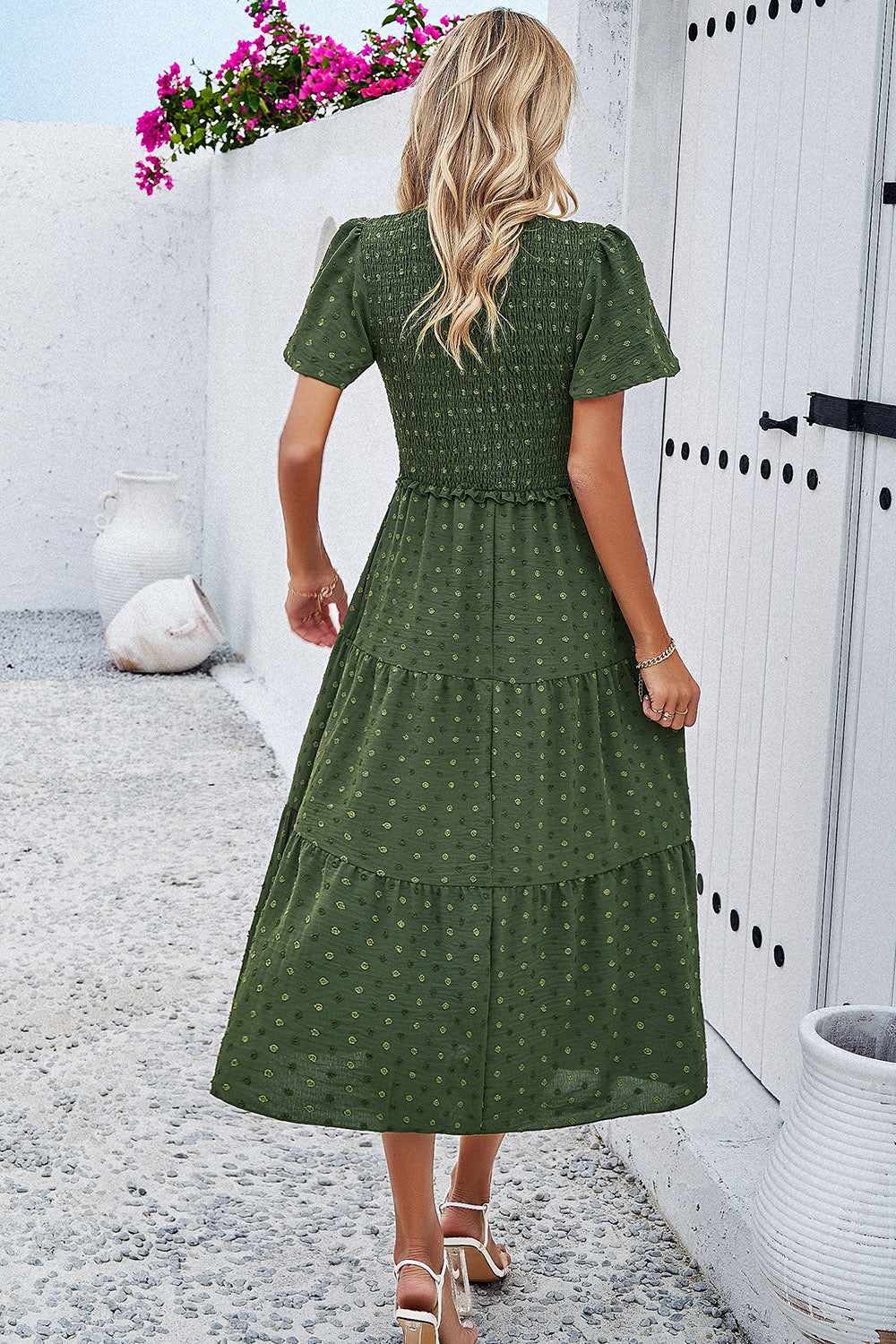 Swiss Dot Short Sleeve Smocked Dress Luvéillé