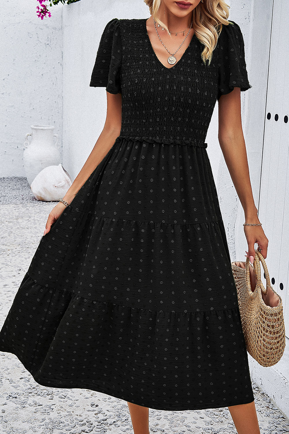 Swiss Dot Short Sleeve Smocked Dress Luvéillé