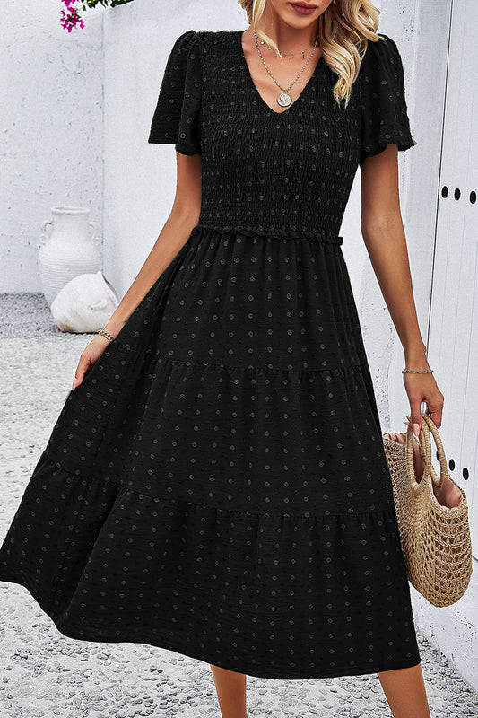 Swiss Dot Short Sleeve Smocked Dress Luvéillé