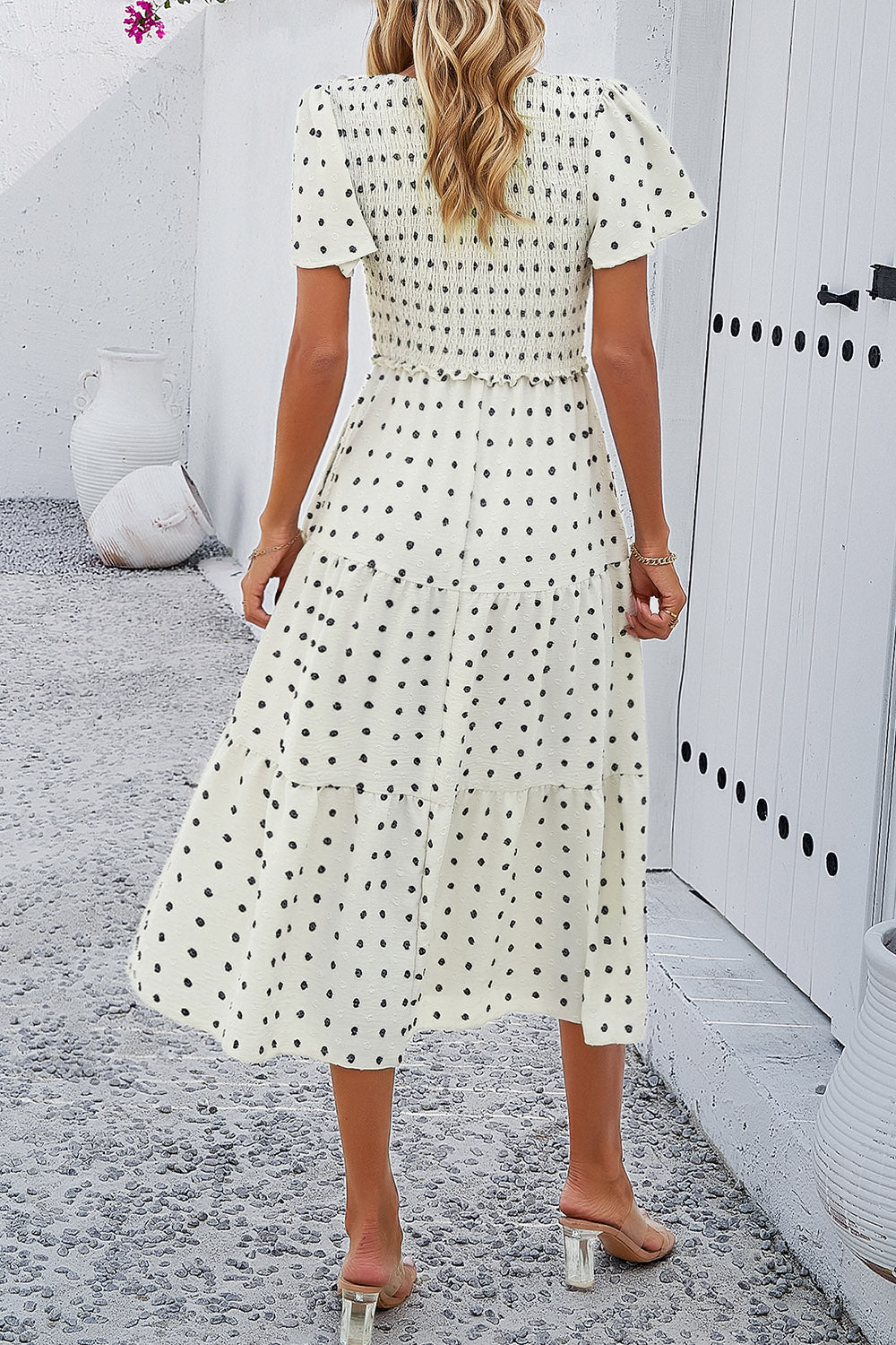 Swiss Dot Short Sleeve Smocked Dress Luvéillé