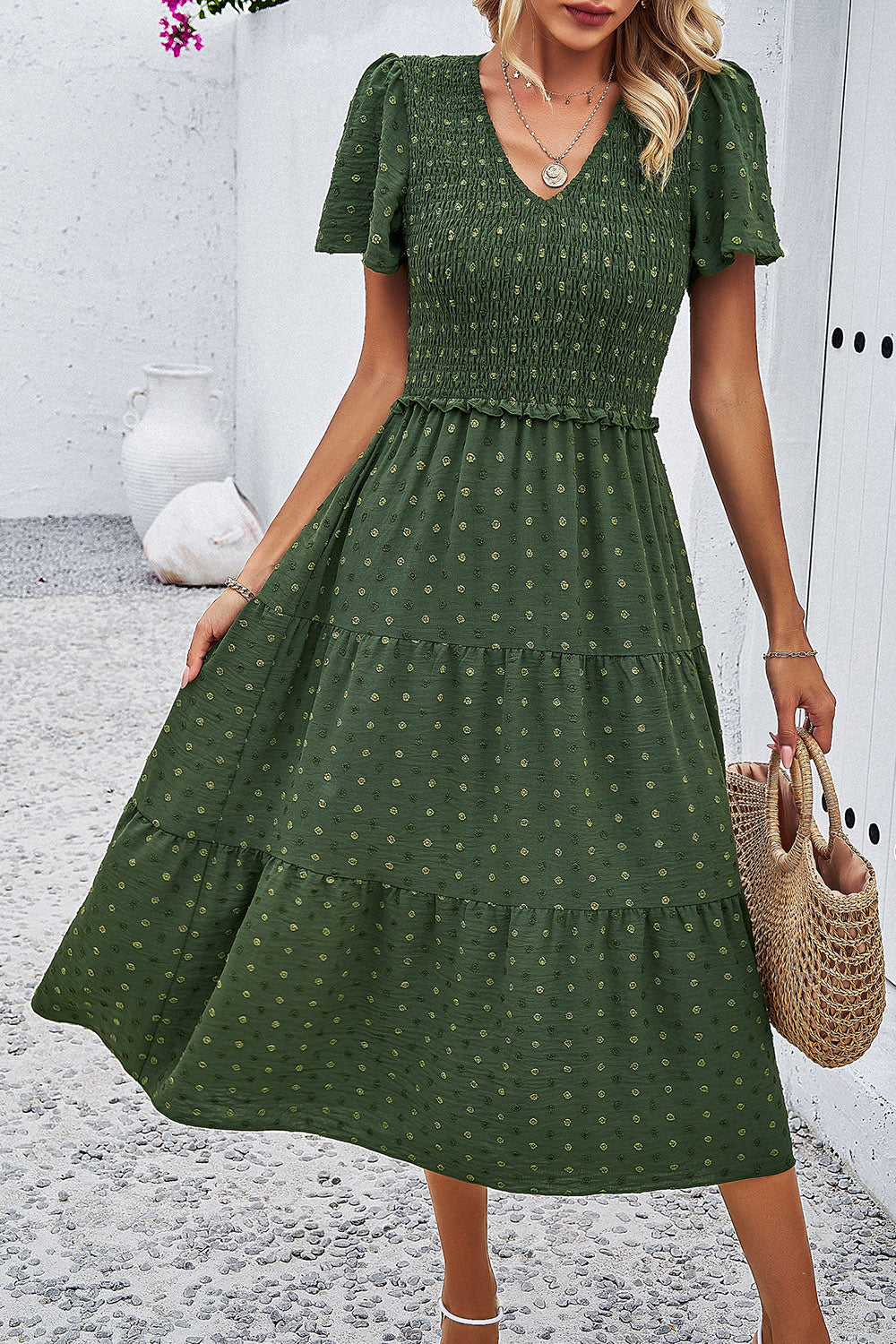 Swiss Dot Short Sleeve Smocked Dress Luvéillé