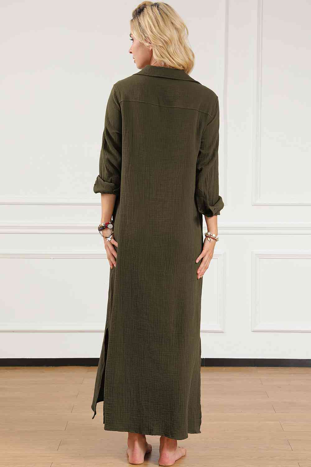 Texture Collared Neck Button Up Slit Shirt Dress Luvéillé