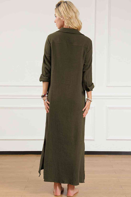 Texture Collared Neck Button Up Slit Shirt Dress Luvéillé