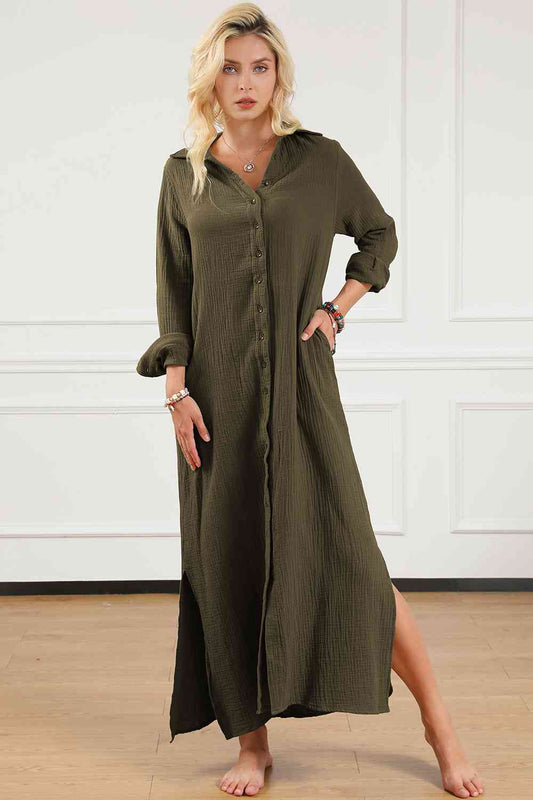 Texture Collared Neck Button Up Slit Shirt Dress Luvéillé