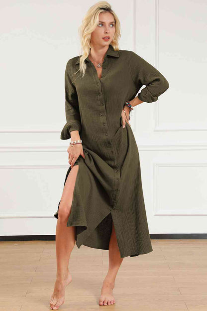 Texture Collared Neck Button Up Slit Shirt Dress Luvéillé