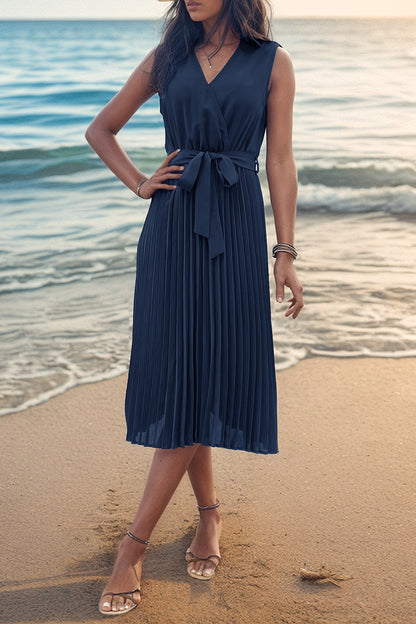 Tied Surplice Sleeveless Pleated Dress Luvéillé