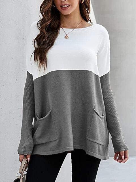 Two Tone Pullover Sweater with Pockets Luvéillé