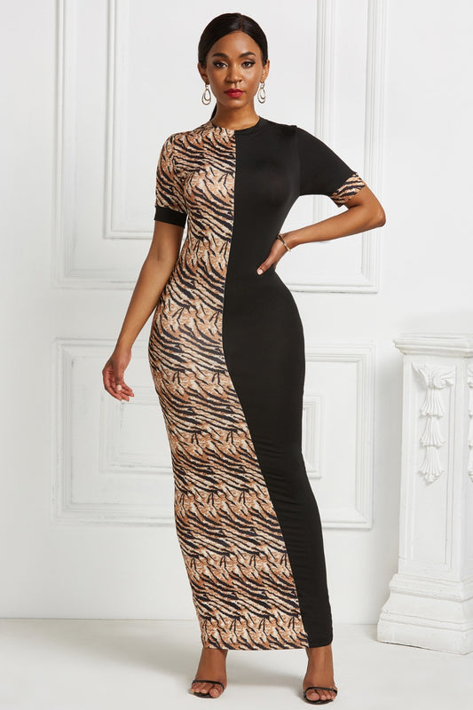 Two-Tone Round Neck Short Sleeve Maxi Dress Luvéillé