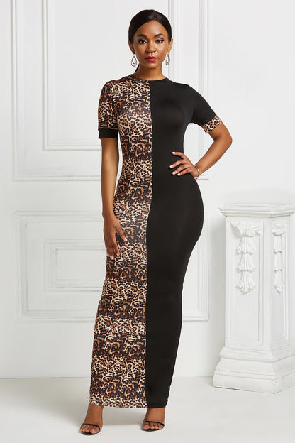 Two-Tone Round Neck Short Sleeve Maxi Dress Luvéillé