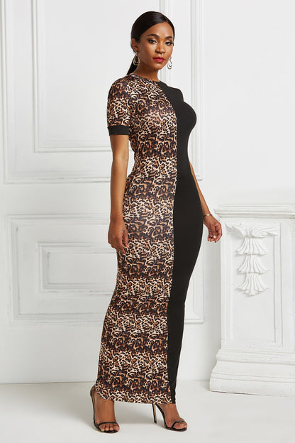 Two-Tone Round Neck Short Sleeve Maxi Dress Luvéillé