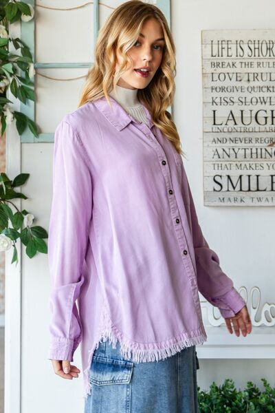Veveret Raw Hem Button Up Long Sleeve Shirt Luvéillé
