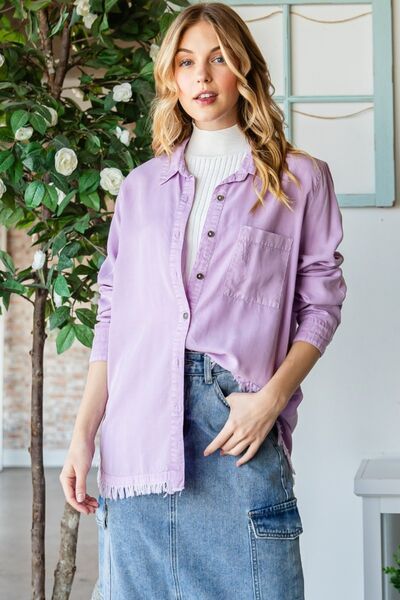 Veveret Raw Hem Button Up Long Sleeve Shirt Luvéillé