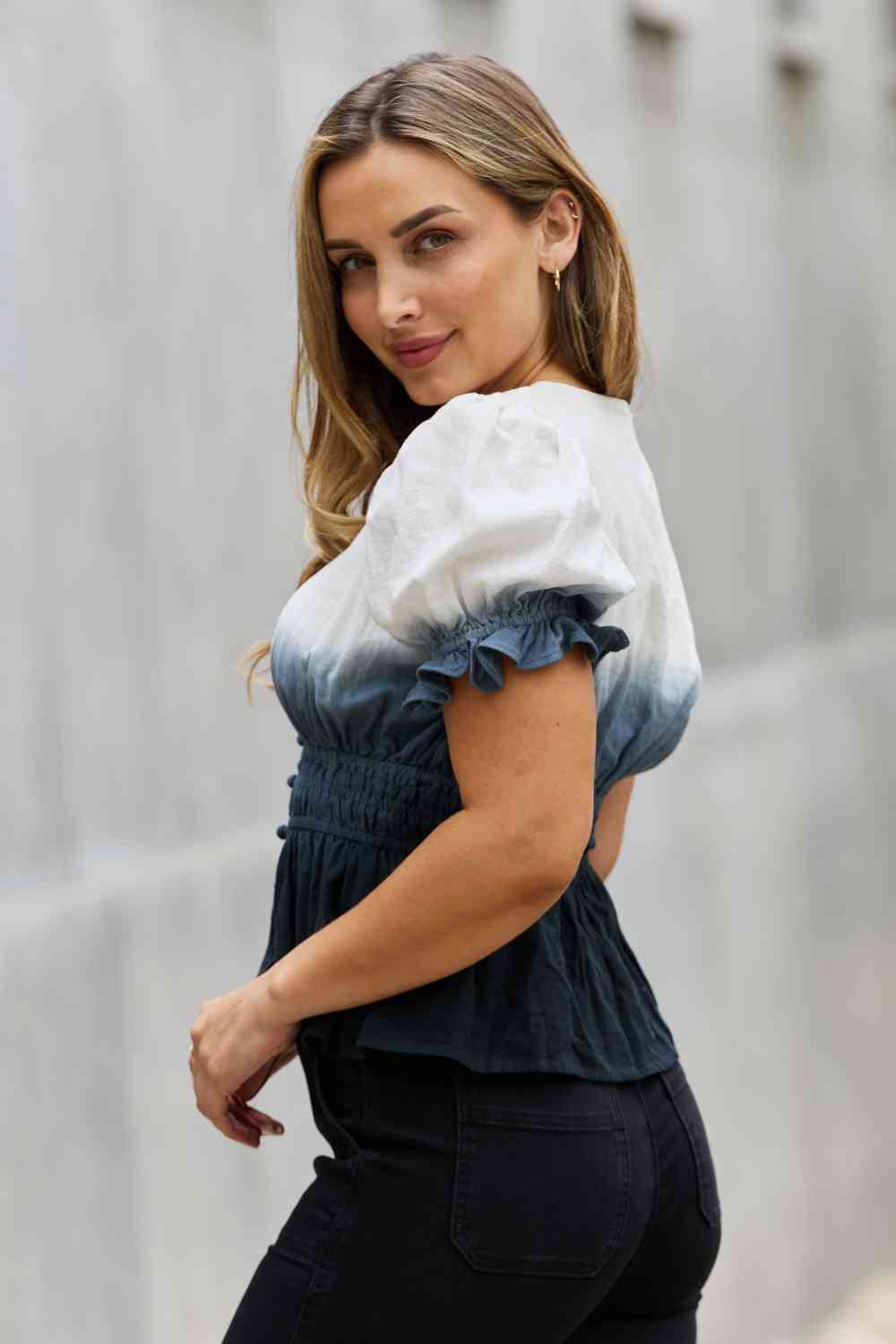 White Birch Full Size Smocked Waist Ombre Woven Top Luvéillé