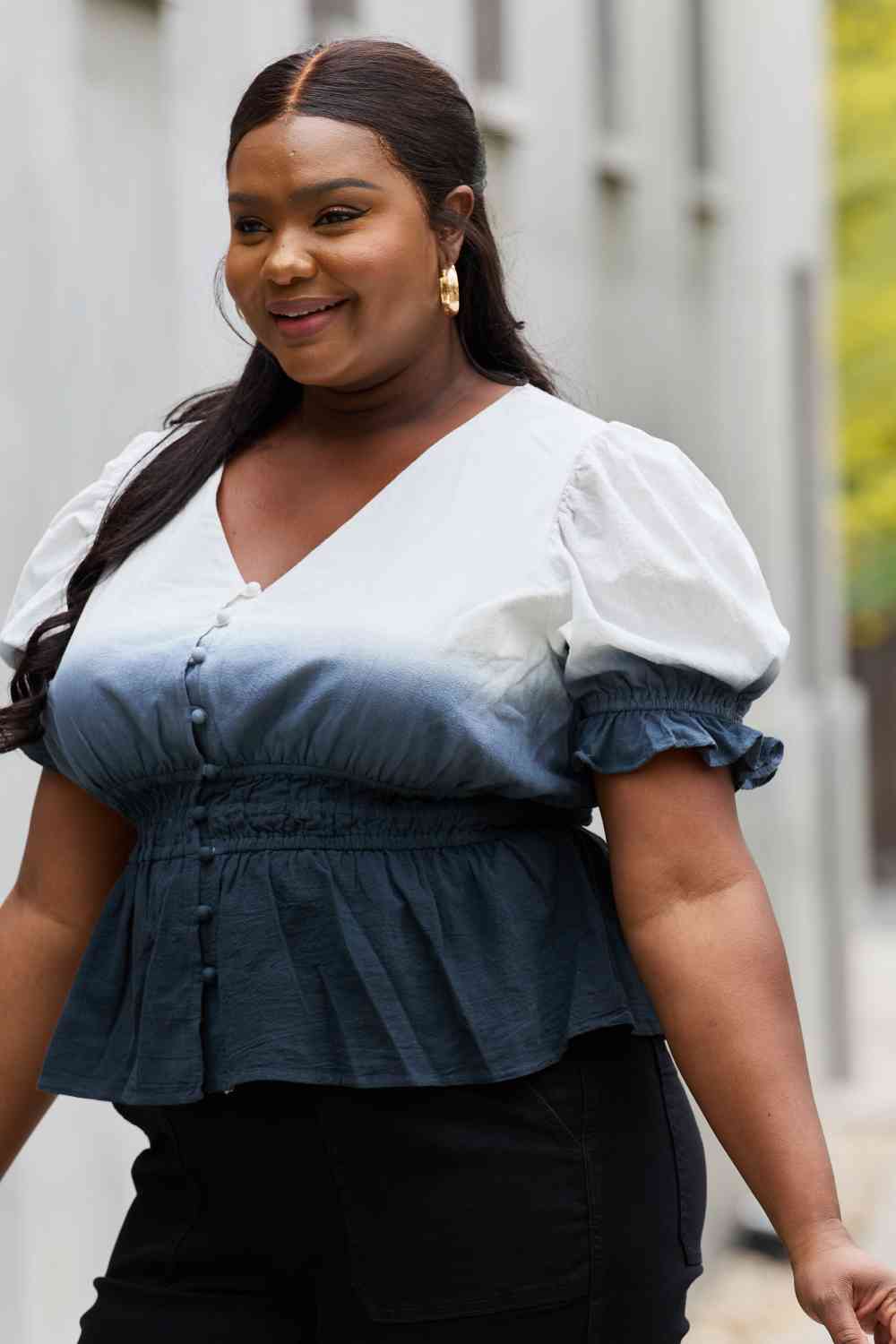 White Birch Full Size Smocked Waist Ombre Woven Top Luvéillé