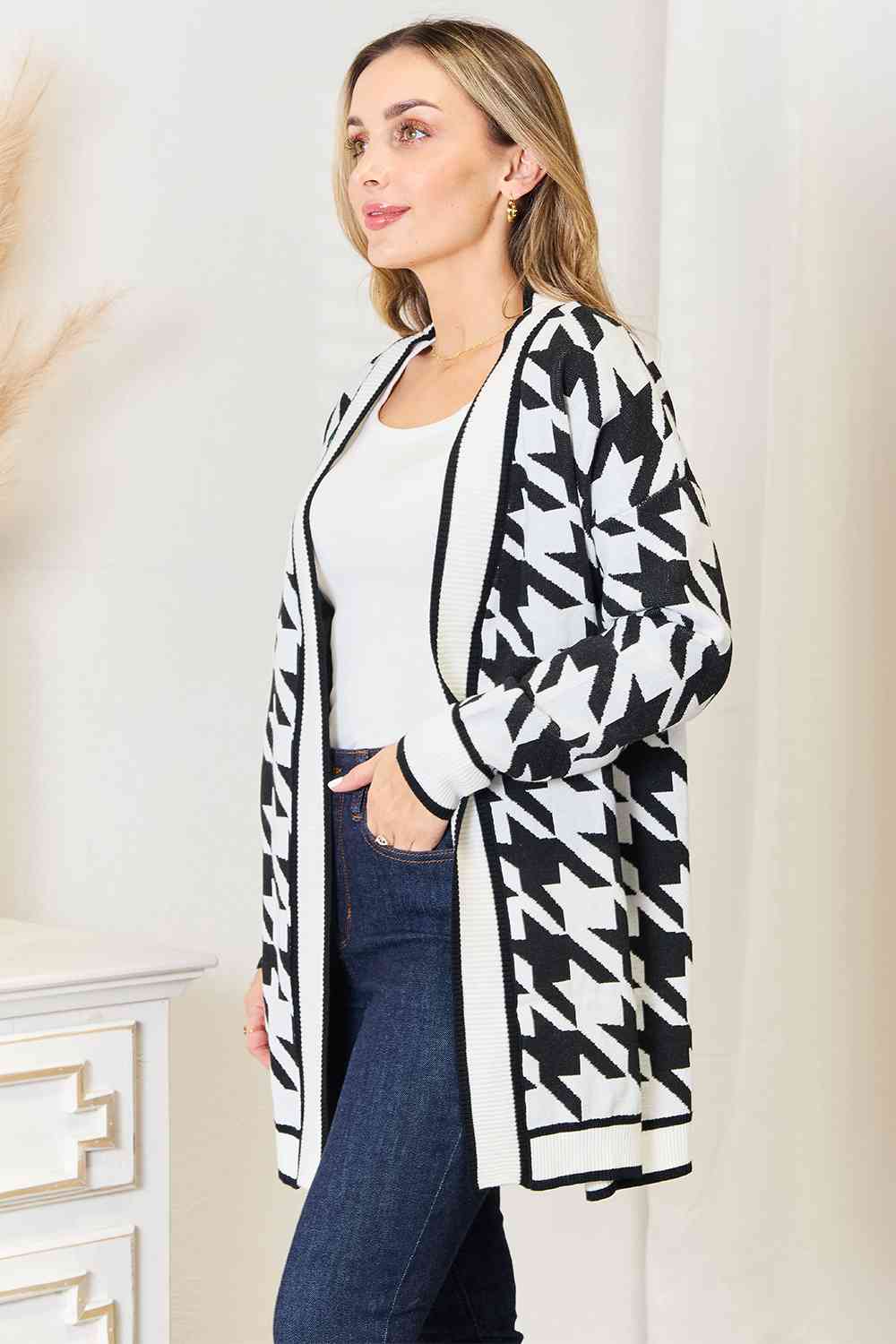 Woven Right Houndstooth Open Front Longline Cardigan Luvéillé