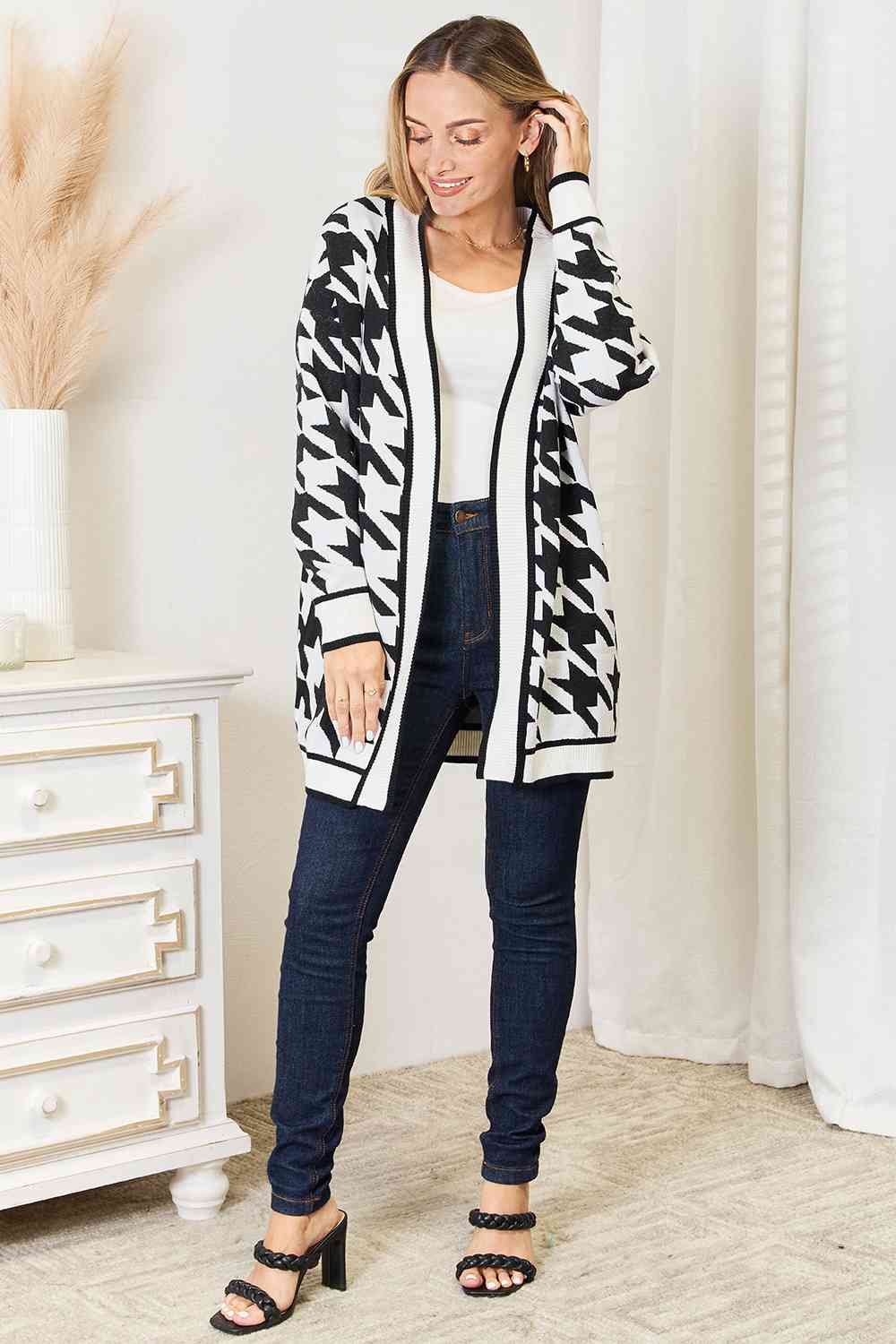 Woven Right Houndstooth Open Front Longline Cardigan Luvéillé