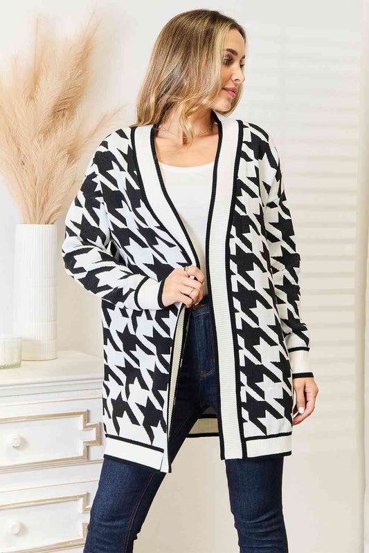 Woven Right Houndstooth Open Front Longline Cardigan Luvéillé