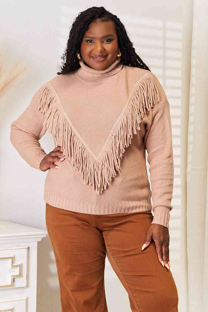 Woven Right Turtleneck Fringe Front Long Sleeve Sweater Luvéillé
