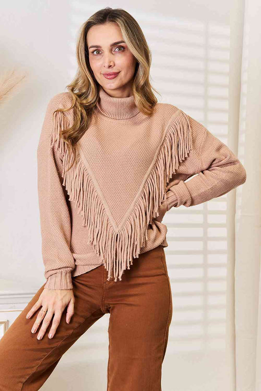 Woven Right Turtleneck Fringe Front Long Sleeve Sweater Luvéillé