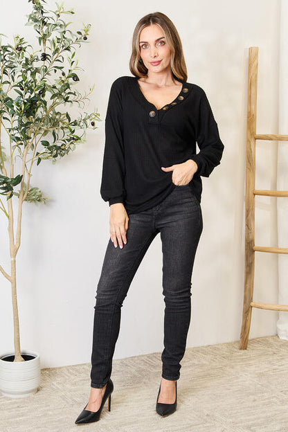 Zenana Buttoned Long Sleeve Blouse Luvéillé