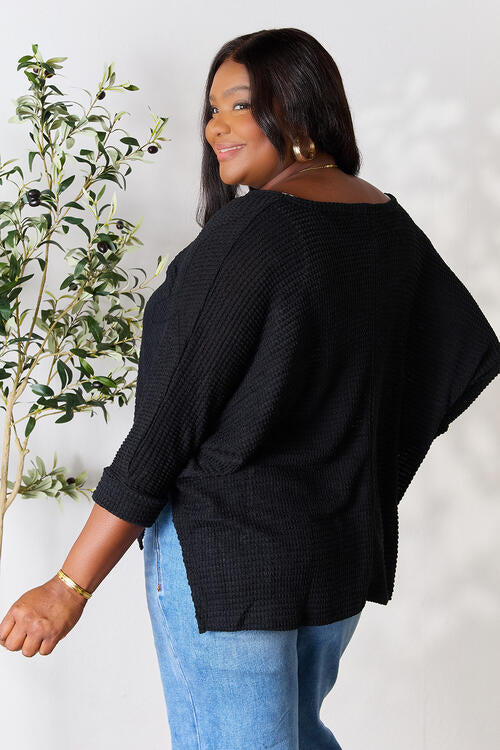 Zenana Full Size Round Neck High-Low Slit Knit Top Luvéillé